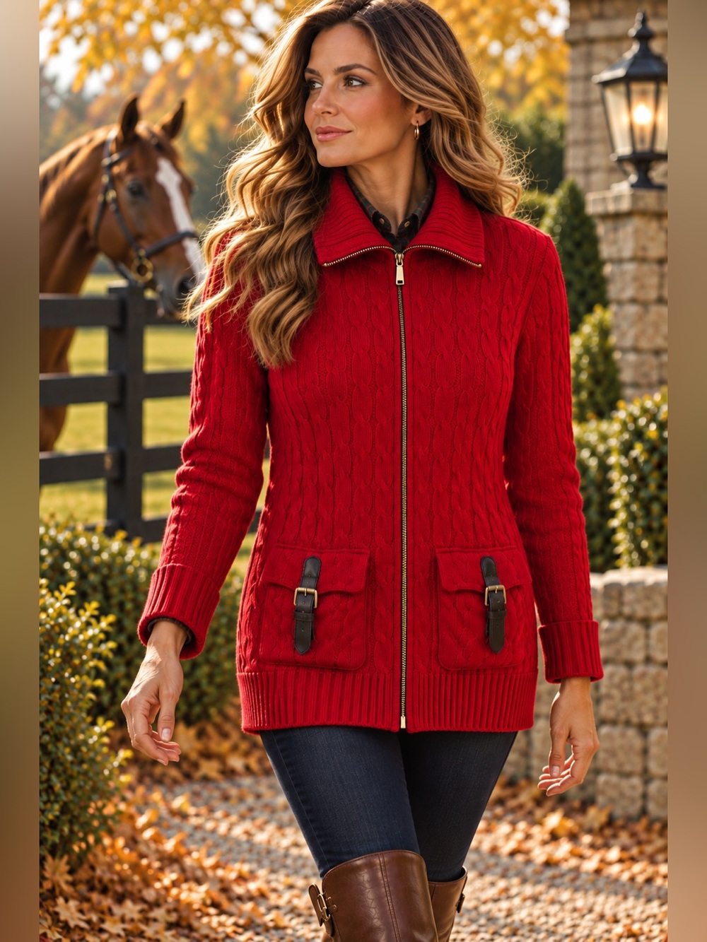 Lauren Ralph Lauren Petite Red Cable Knit Full Zip Sweater Jacket PLG